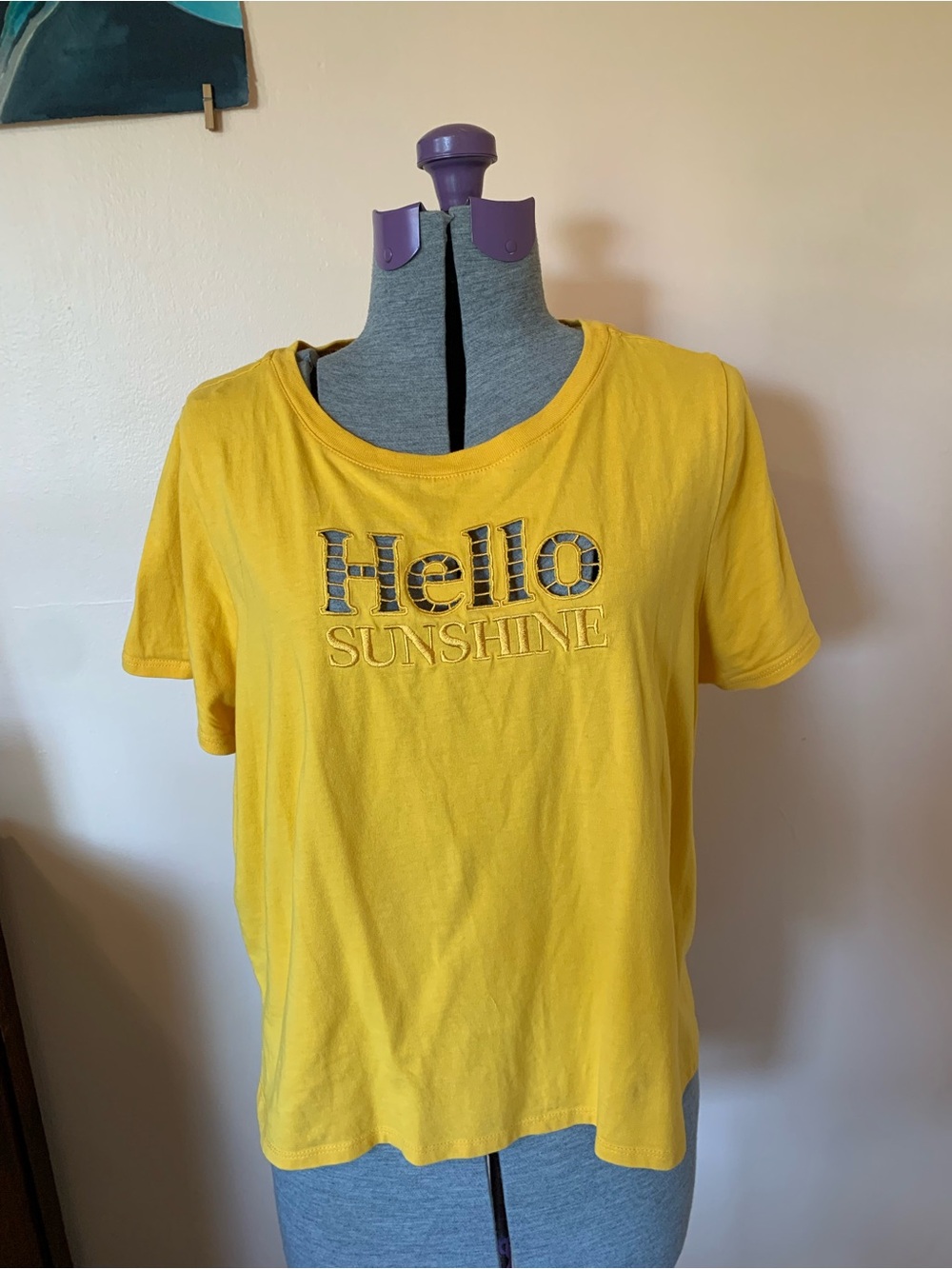 Tru Self L T-Shirt Yellow Cut Out Embroidered  Graphic “Hello Sunshine” Cheerful